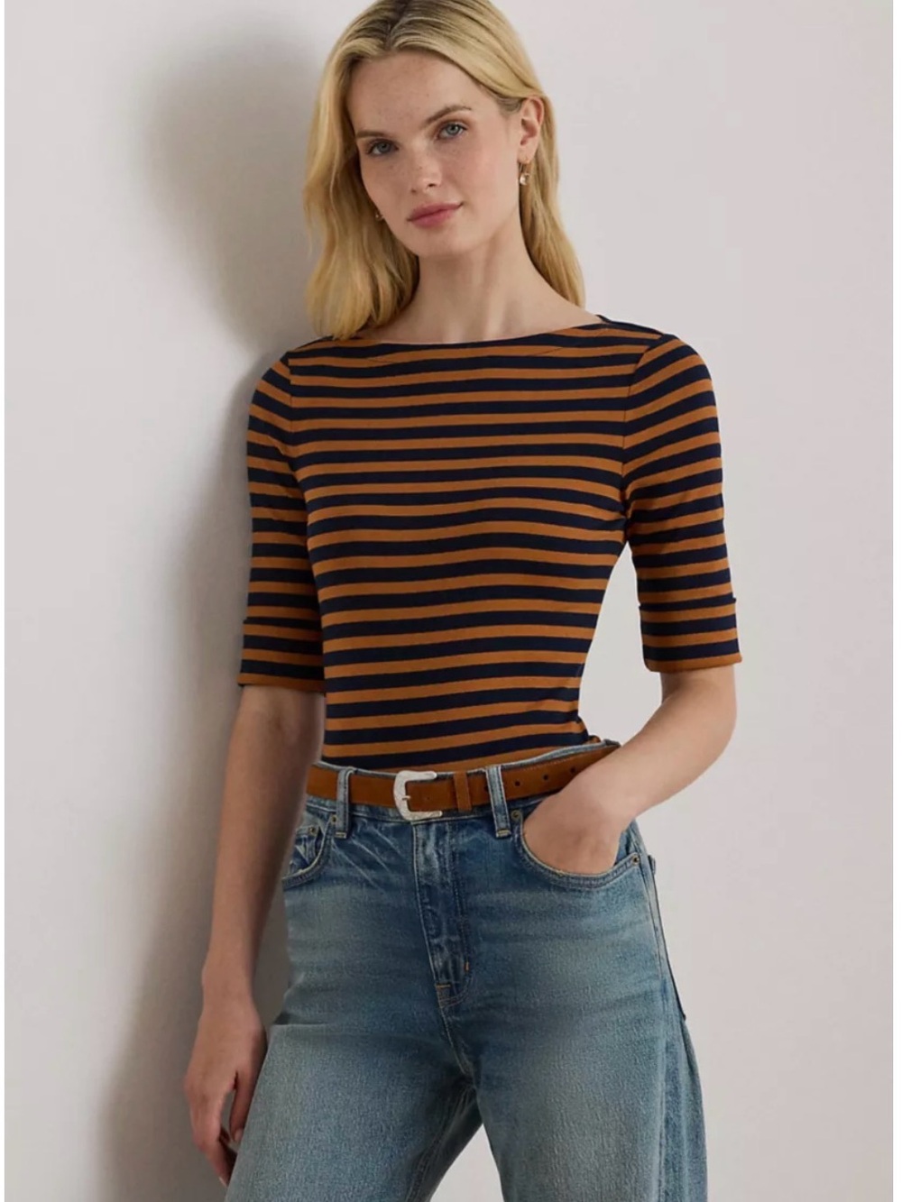 NWT Lauren Ralph Lauren Petite Medium Striped Stretch Cotton Boatneck Tee
